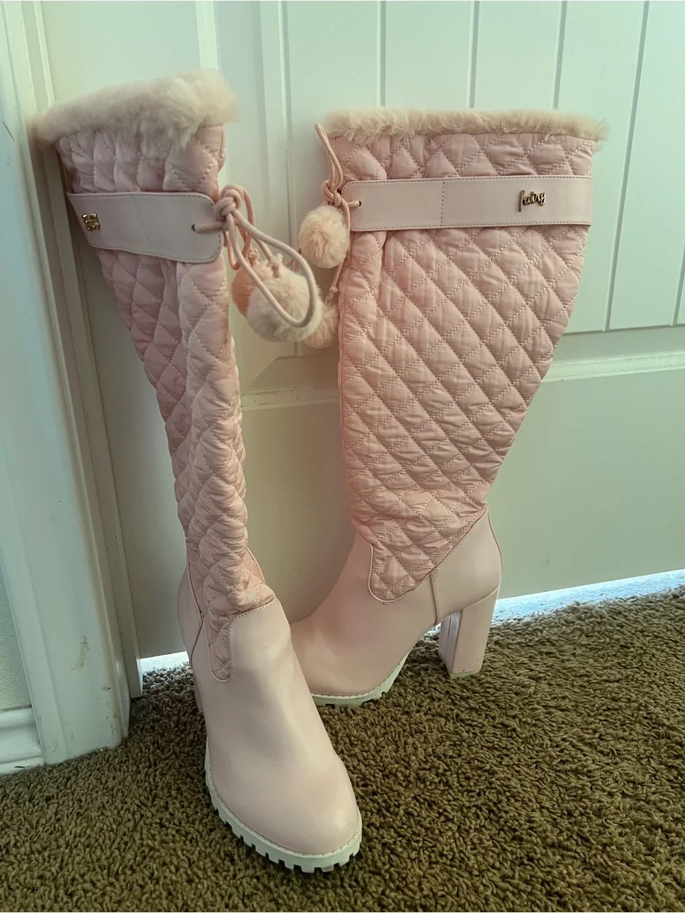 Faux-Fur Trim Quilted Over-the-Knee Boots - Pink